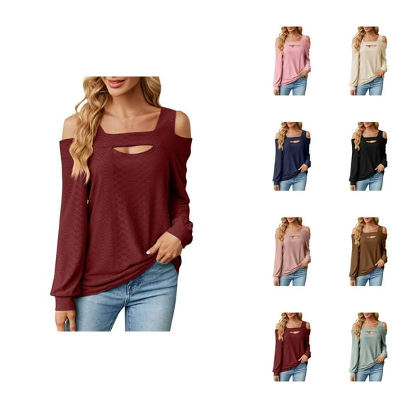 Fall Shirts for Women 2025 Solid Color Jacquard U Neck Hollow Out Loose Going Out Tops Long Sleeve Shirts for Women