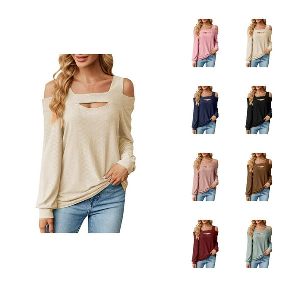 Fall Shirts for Women 2025 Solid Color Jacquard U Neck Hollow Out Loose Going Out Tops Long Sleeve Shirts for Women