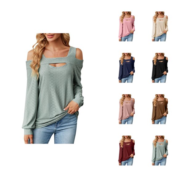 Fall Shirts for Women 2025 Solid Color Jacquard U Neck Hollow Out Loose Going Out Tops Long Sleeve Shirts for Women