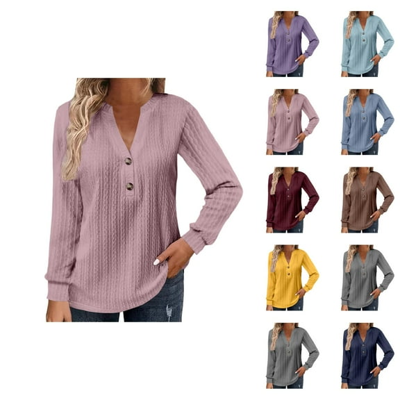 Fall Shirts for Women 2025 Solid Color Jacquard V-Neck Loose Fit Going Out Tops Blouse Long Sleeve Shirts for Women