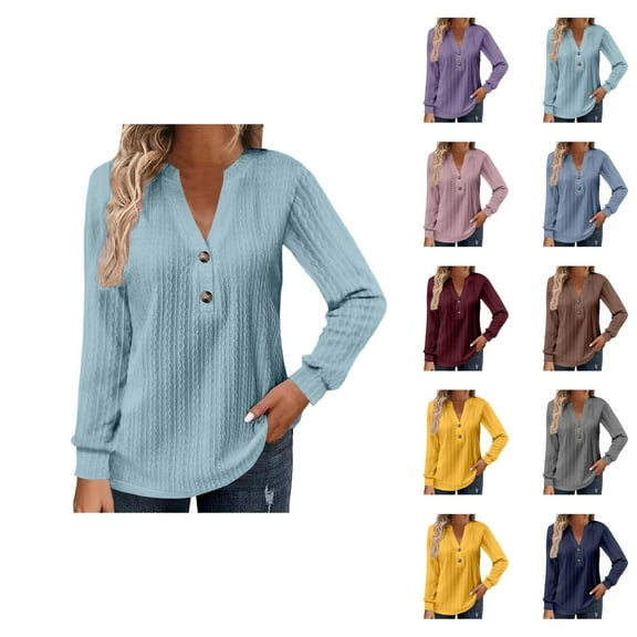 Fall Shirts for Women 2025 Solid Color Jacquard V-Neck Loose Fit Going Out Tops Blouse Long Sleeve Shirts for Women