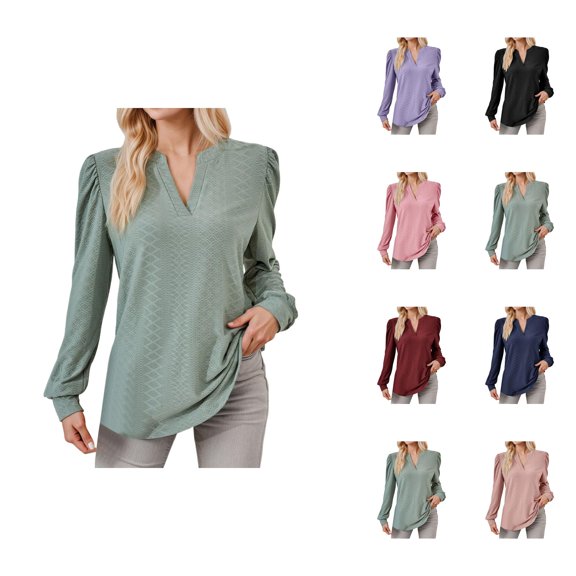 Fall Shirts for Women 2025 Solid Color Jacquard V-Neck Loose Going Out Tops Blouse Long Sleeve Shirts for Women
