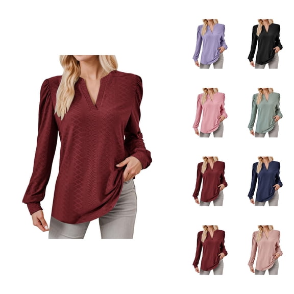 Fall Shirts for Women 2025 Solid Color Jacquard V-Neck Loose Going Out Tops Blouse Long Sleeve Shirts for Women