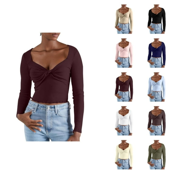 Fall Shirts for Women 2025 Solid Color Knot Front V-Neck Slim Fit Cropped Going Out Tops Long Sleeve Shirts for Women