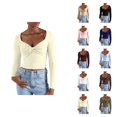 thumbnail image 1 of Fall Shirts for Women 2025 Solid Color Knot Front V-Neck Slim Fit Cropped Going Out Tops Long Sleeve Shirts for Women, 1 of 7
