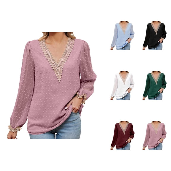 Fall Shirts for Women 2025 Solid Color Lace V-Neck Polka Dots Lightweight Tunic Tops Long Sleeve Shirts for Women