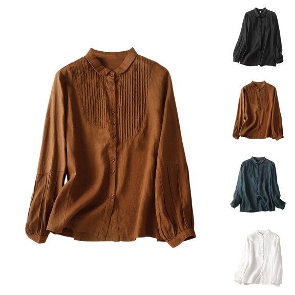 Fall Shirts for Women 2025 Solid Color Lapel Button Down Accordion Pleats Linen Blouse Long Sleeve Shirts for Women