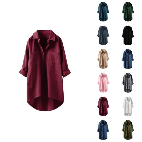 Fall Shirts for Women 2025 Solid Color Lapel Button Down Cotton Linen Loose Blouse Tops Long Sleeve Shirts for Women