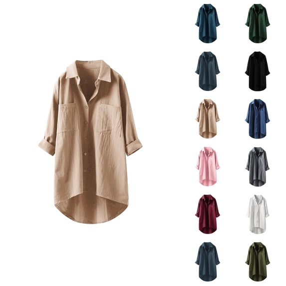 Fall Shirts for Women 2025 Solid Color Lapel Button Down Cotton Linen Loose Blouse Tops Long Sleeve Shirts for Women