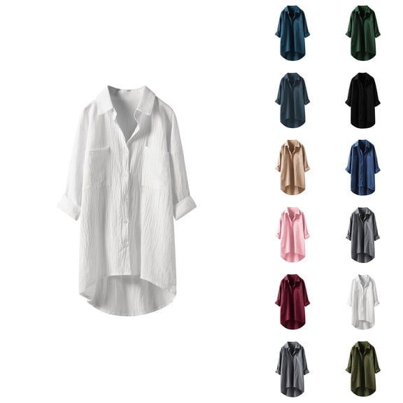 Fall Shirts for Women 2025 Solid Color Lapel Button Down Cotton Linen Loose Blouse Tops Long Sleeve Shirts for Women
