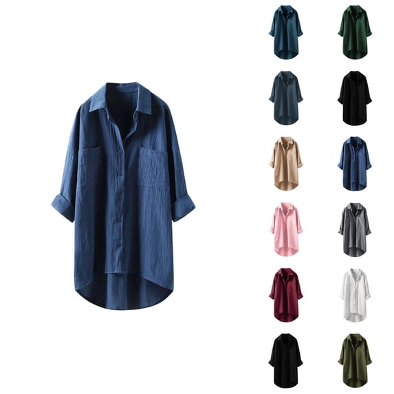 Fall Shirts for Women 2025 Solid Color Lapel Button Down Cotton Linen Loose Blouse Tops Long Sleeve Shirts for Women