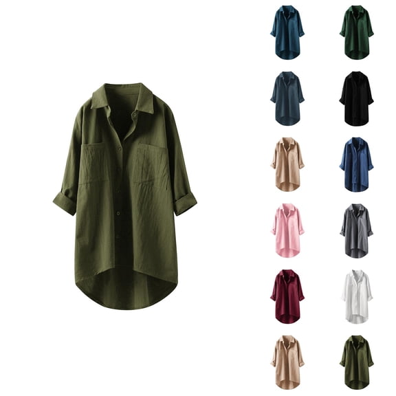 Fall Shirts for Women 2025 Solid Color Lapel Button Down Cotton Linen Loose Blouse Tops Long Sleeve Shirts for Women