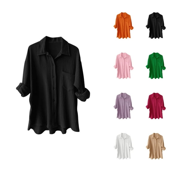 Fall Shirts for Women 2025 Solid Color Lapel Button Down Loose Fit Business Casual Tops Long Sleeve Shirts for Women