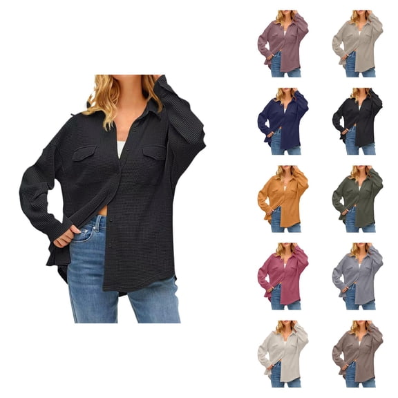 Fall Shirts for Women 2025 Solid Color Lapel Button Down Waffle Business Casual Tops Long Sleeve Shirts for Women