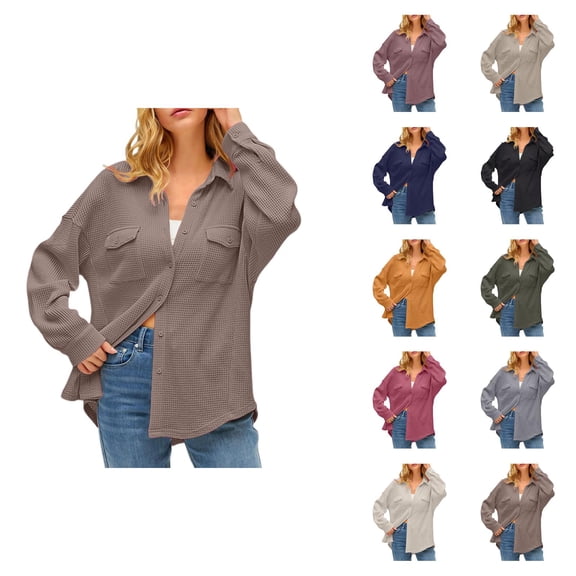 Fall Shirts for Women 2025 Solid Color Lapel Button Down Waffle Business Casual Tops Long Sleeve Shirts for Women