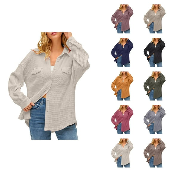 Fall Shirts for Women 2025 Solid Color Lapel Button Down Waffle Business Casual Tops Long Sleeve Shirts for Women