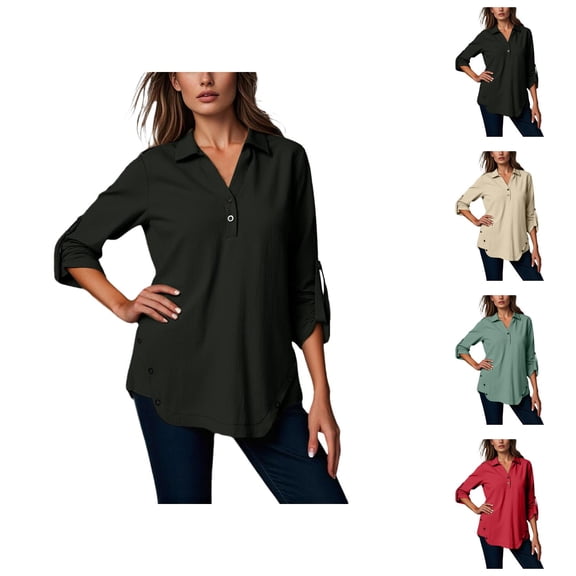 Fall Shirts for Women 2025 Solid Color Lapel V-Neck Loose Business Casual Tops Blouse Long Sleeve Shirts for Women