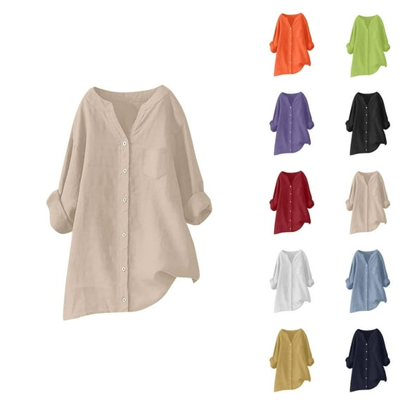 Fall Shirts for Women 2025 Solid Color Loose Button Down Linen Business Casual Tops Long Sleeve Shirts for Women