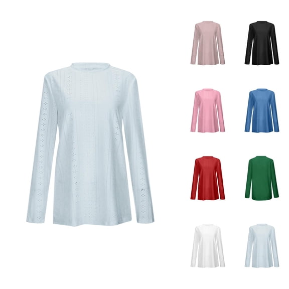 Fall Shirts for Women 2025 Solid Color Loose Fit Crewneck Eyelet Breathable Blouse Tops Long Sleeve Shirts for Women