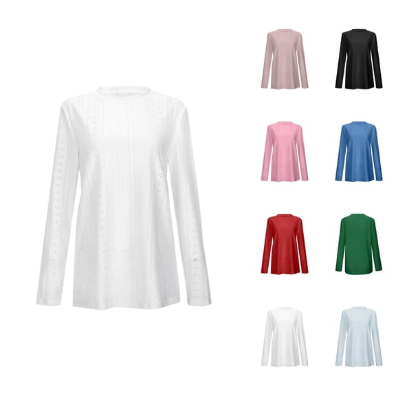 Fall Shirts for Women 2025 Solid Color Loose Fit Crewneck Eyelet Breathable Blouse Tops Long Sleeve Shirts for Women