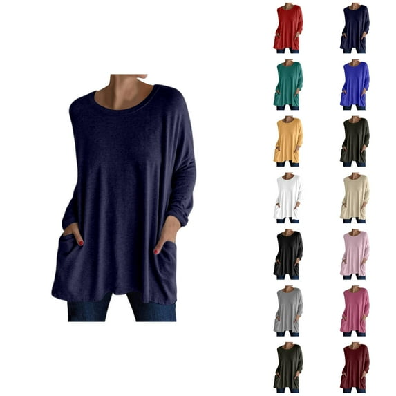 Fall Shirts for Women 2025 Solid Color Loose Fit Crewneck Long Shirt with Pockets Long Sleeve Shirts for Women