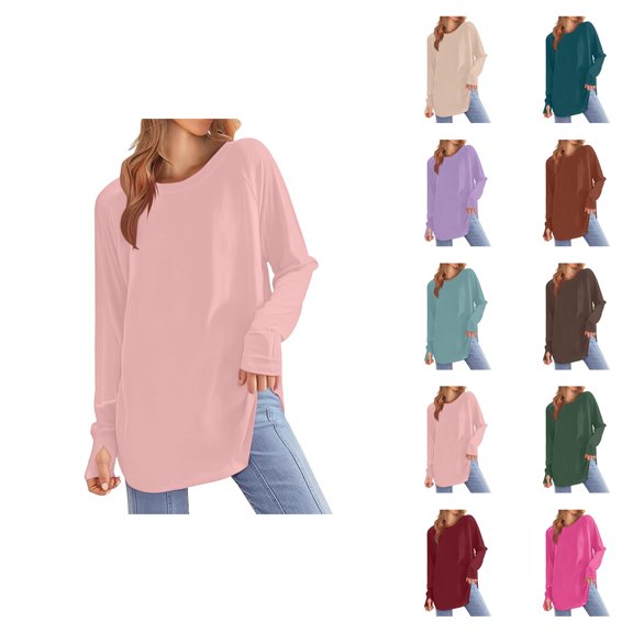 Fall Shirts for Women 2025 Solid Color Loose Fit Crewneck Mid Length Basic Shirt Blouse Long Sleeve Shirts for Women