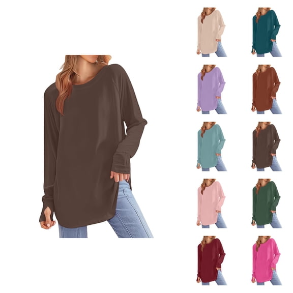 Fall Shirts for Women 2025 Solid Color Loose Fit Crewneck Mid Length Basic Shirt Blouse Long Sleeve Shirts for Women