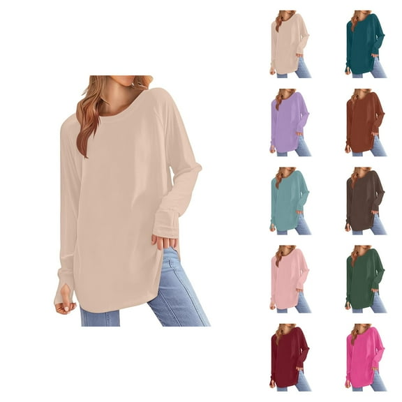 Fall Shirts for Women 2025 Solid Color Loose Fit Crewneck Mid Length Basic Shirt Blouse Long Sleeve Shirts for Women