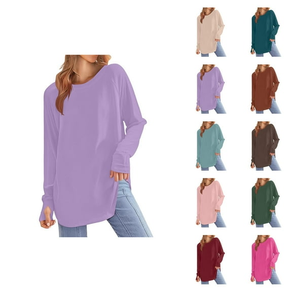 Fall Shirts for Women 2025 Solid Color Loose Fit Crewneck Mid Length Basic Shirt Blouse Long Sleeve Shirts for Women