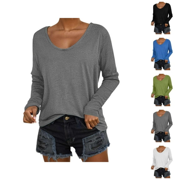 Fall Shirts for Women 2025 Solid Color Loose Fit Scoop Neck Casual Basic Shirt Blouse Long Sleeve Shirts for Women