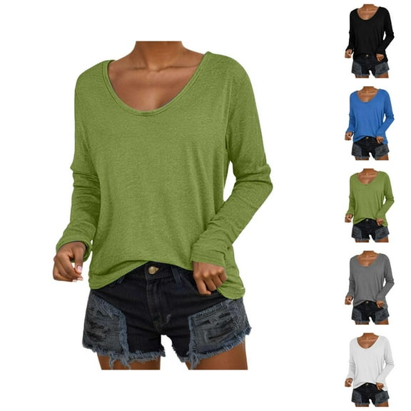 Fall Shirts for Women 2025 Solid Color Loose Fit Scoop Neck Casual Basic Shirt Blouse Long Sleeve Shirts for Women