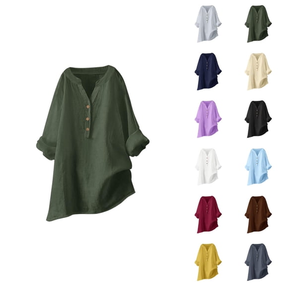 Fall Shirts for Women 2025 Solid Color Loose Fit V-Neck Button Casual Going Out Tops Long Sleeve Shirts for Women