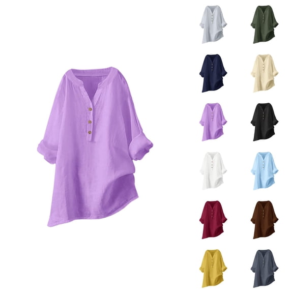 Fall Shirts for Women 2025 Solid Color Loose Fit V-Neck Button Casual Going Out Tops Long Sleeve Shirts for Women