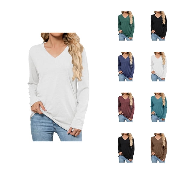 Fall Shirts for Women 2025 Solid Color Loose Fit V-Neck Pullover Basic Shirt Blouse Long Sleeve Shirts for Women
