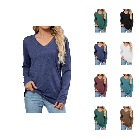 Fall Shirts for Women 2025 Solid Color Loose Fit V-Neck Pullover Basic Shirt Blouse Long Sleeve Shirts for Women
