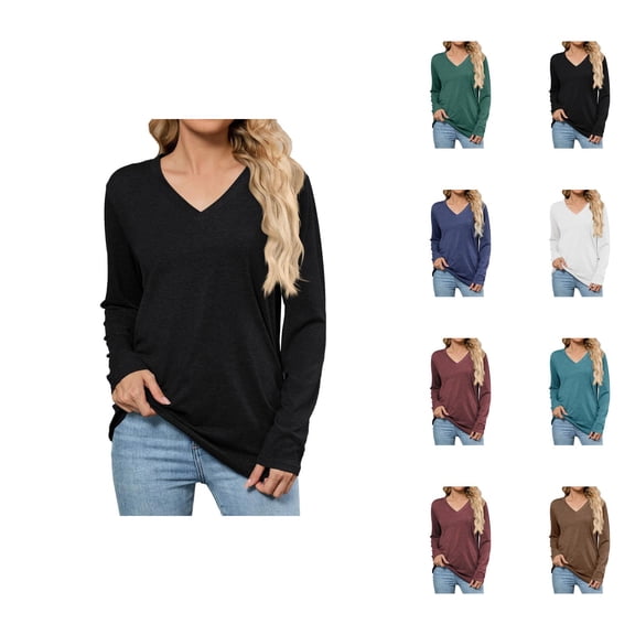 Fall Shirts for Women 2025 Solid Color Loose Fit V-Neck Pullover Basic Shirt Blouse Long Sleeve Shirts for Women