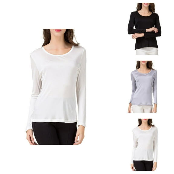 Fall Shirts for Women 2025 Solid Color Mulberry Silk Crewneck Lightweight Basic Shirt Long Sleeve Shirts for Women