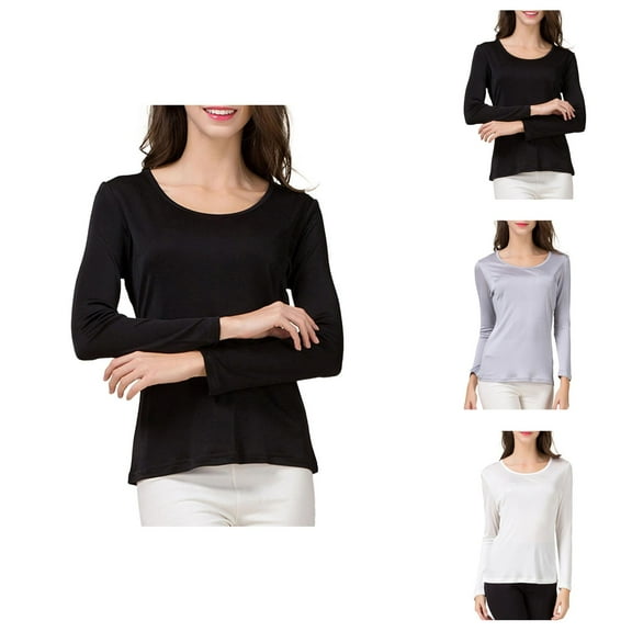 Fall Shirts for Women 2025 Solid Color Mulberry Silk Crewneck Lightweight Basic Shirt Long Sleeve Shirts for Women