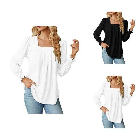 Fall Shirts for Women 2025 Solid Color Pleated Front Square Neck Lattern Sleeve Blouse Long Sleeve Shirts for Women