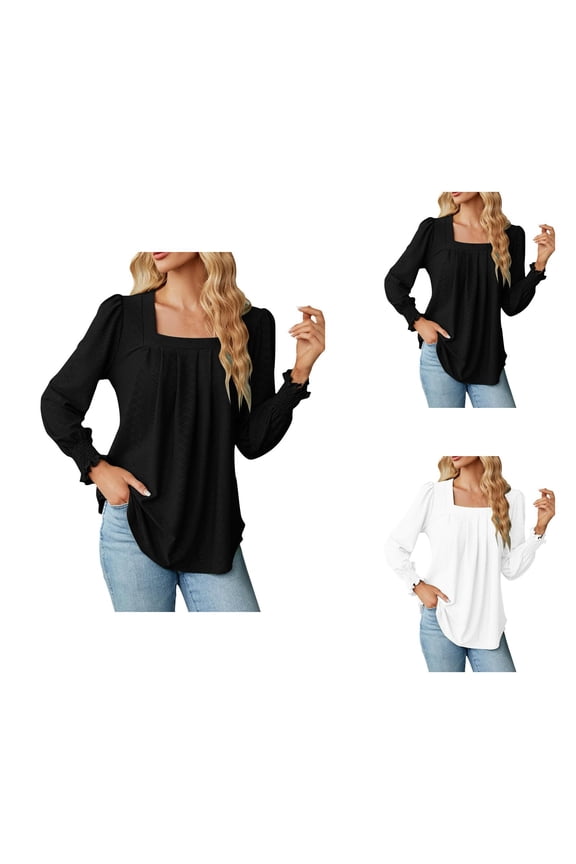 Fall Shirts for Women 2025 Solid Color Pleated Front Square Neck Lattern Sleeve Blouse Long Sleeve Shirts for Women