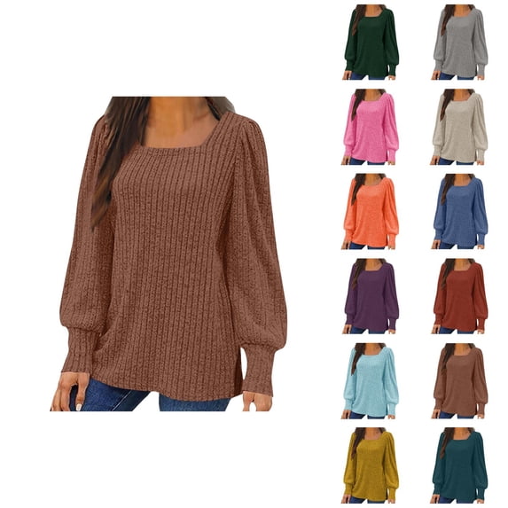Fall Shirts for Women 2025 Solid Color Ribbed Knit Square Neck Sweater Tops Blouse Long Sleeve Shirts for Women