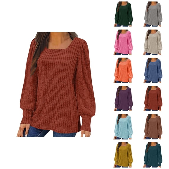 Fall Shirts for Women 2025 Solid Color Ribbed Knit Square Neck Sweater Tops Blouse Long Sleeve Shirts for Women