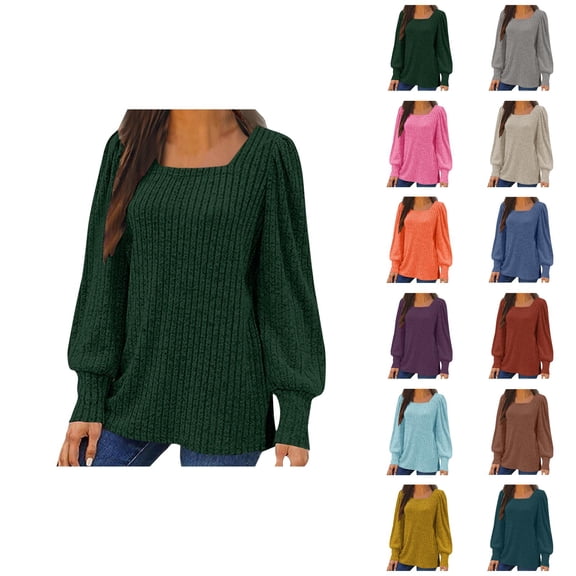 Fall Shirts for Women 2025 Solid Color Ribbed Knit Square Neck Sweater Tops Blouse Long Sleeve Shirts for Women