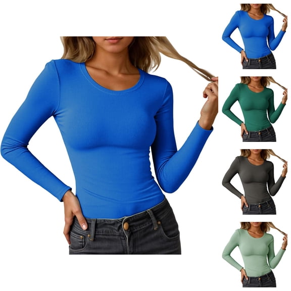 Fall Shirts for Women 2025 Solid Color Slim Fit Round Neck Ribbed Basic Shirt Blouse Long Sleeve Shirts for Women
