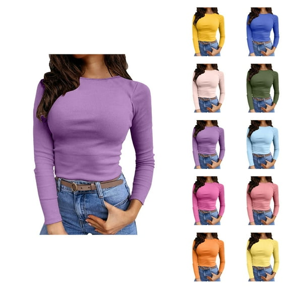 Fall Shirts for Women 2025 Solid Color Stretchy Crewneck Slim Fit Basic Shirt Blouse Long Sleeve Shirts for Women