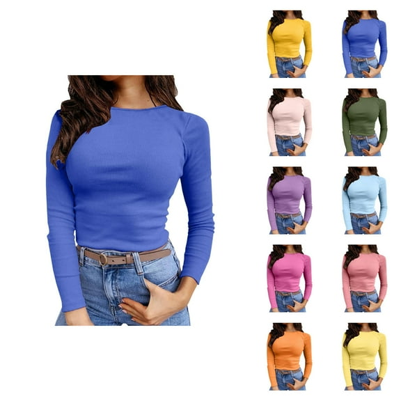 Fall Shirts for Women 2025 Solid Color Stretchy Crewneck Slim Fit Basic Shirt Blouse Long Sleeve Shirts for Women