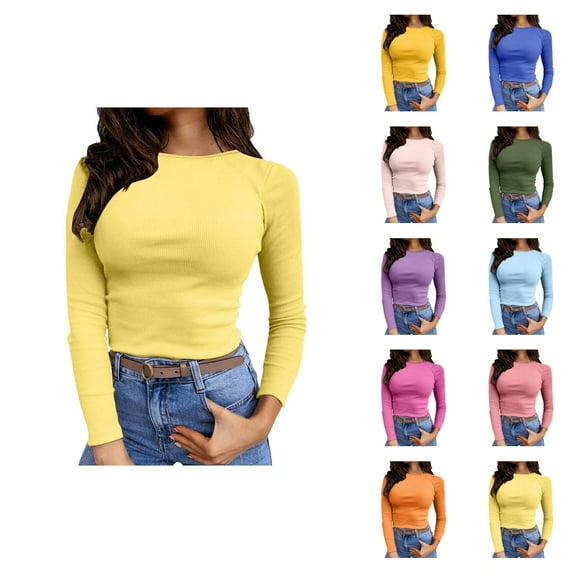 Fall Shirts for Women 2025 Solid Color Stretchy Crewneck Slim Fit Basic Shirt Blouse Long Sleeve Shirts for Women