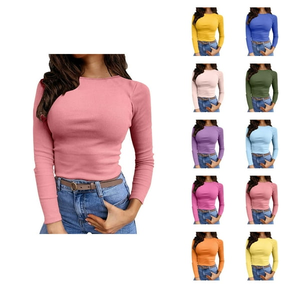 Fall Shirts for Women 2025 Solid Color Stretchy Crewneck Slim Fit Basic Shirt Blouse Long Sleeve Shirts for Women