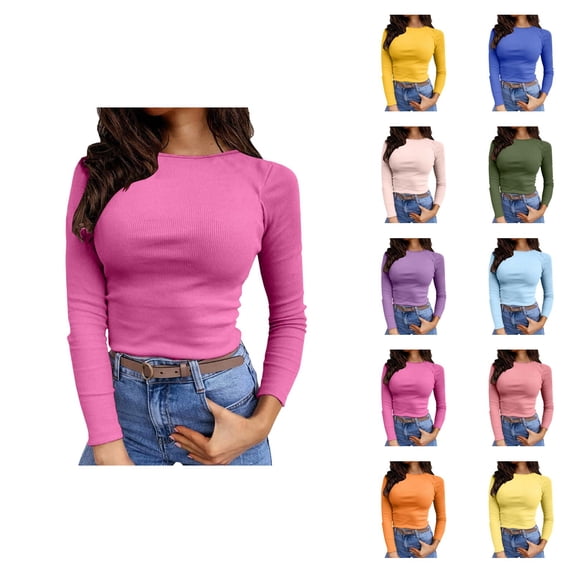 Fall Shirts for Women 2025 Solid Color Stretchy Crewneck Slim Fit Basic Shirt Blouse Long Sleeve Shirts for Women