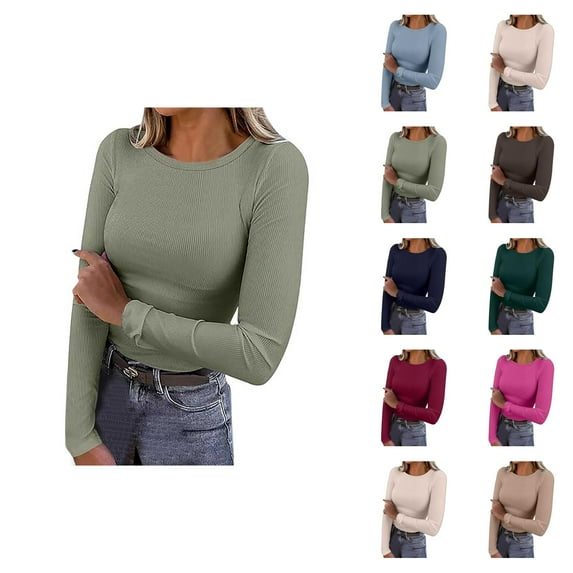 Fall Shirts for Women 2025 Solid Color Stretchy Crewneck Slim Fit Ribbed Basic Shirt Tops Long Sleeve Shirts for Women